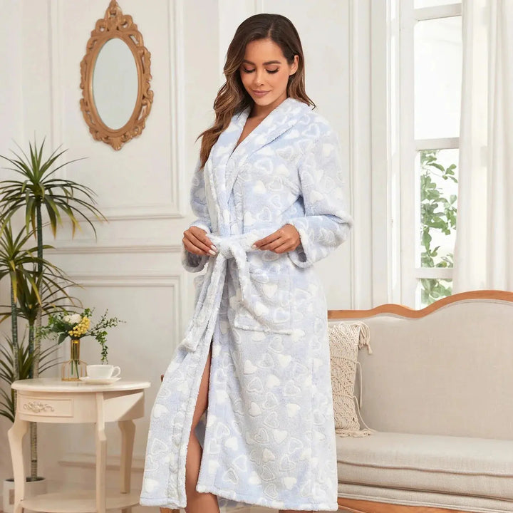 Love Print Plush Bathrobe in Soft Fluffy Fabric, Sizes S to XXL | Sweet Heart-Print Robe for Lounging | Bathrobes