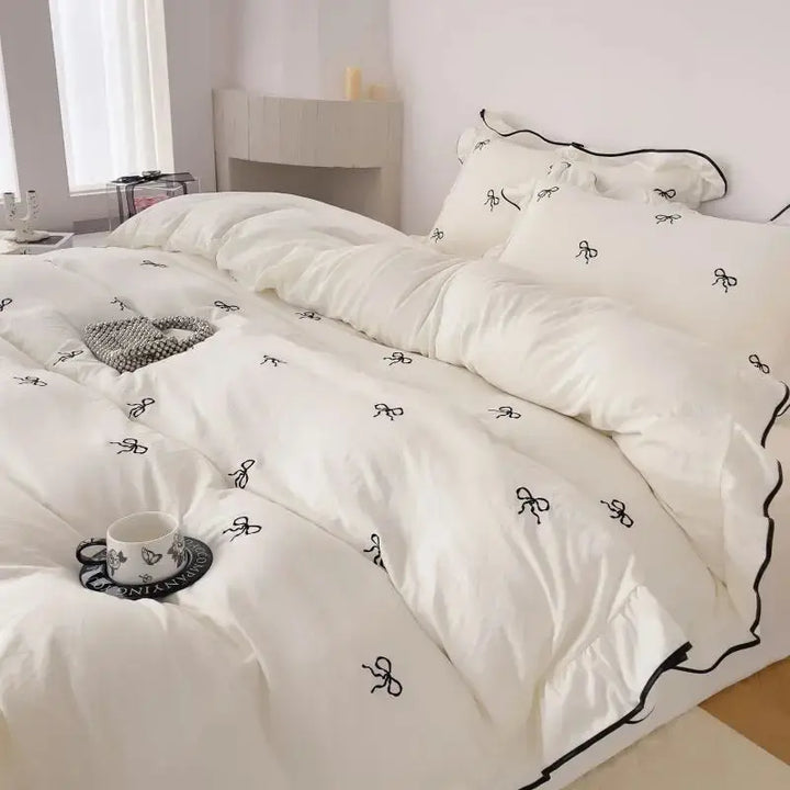 Bow Embroidery Ruffle Duvet Cover Set, 4 Pieces for Kids, Teens, Guests | Ruffled Bow Bedding for Girls Rooms | Duvet Cover Sets