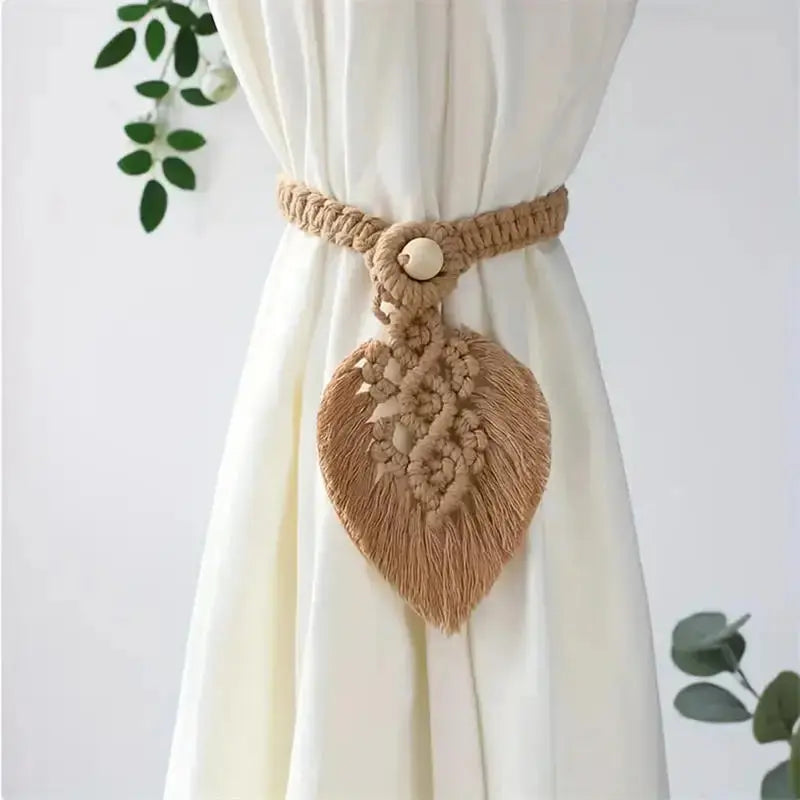 Handmade Macrame Curtain Tiebacks with Leaf Tassels, Set of 2 | Boho Curtain Holdbacks | Curtain Tiebacks