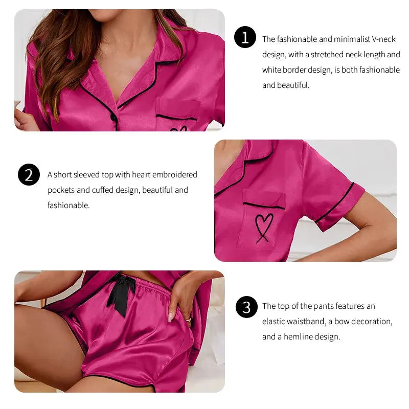 Heart Embroidered Short Sleeve Cotton Blend Pajama Set with Lounge Shorts | Cute Embroidered Shorts Set | Pajama Sets