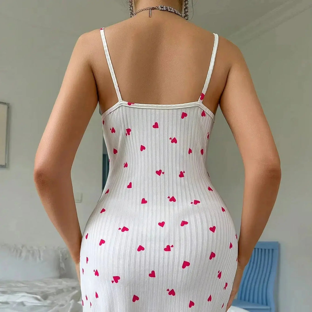 Sleeveless Lace Trim Heart Print Camisole Nightdress with Bow Accent | Light Camisole Nightdress, One Size | Nightwear