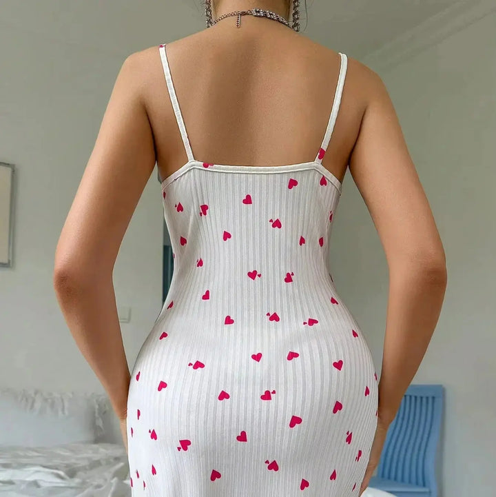 Sleeveless Lace Trim Heart Print Camisole Nightdress with Bow Accent | Light Camisole Nightdress, One Size | Nightwear