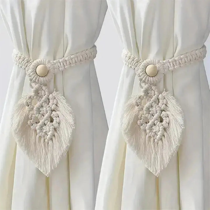 Handmade Macrame Curtain Tiebacks with Leaf Tassels, Set of 2 | Boho Curtain Holdbacks | Curtain Tiebacks