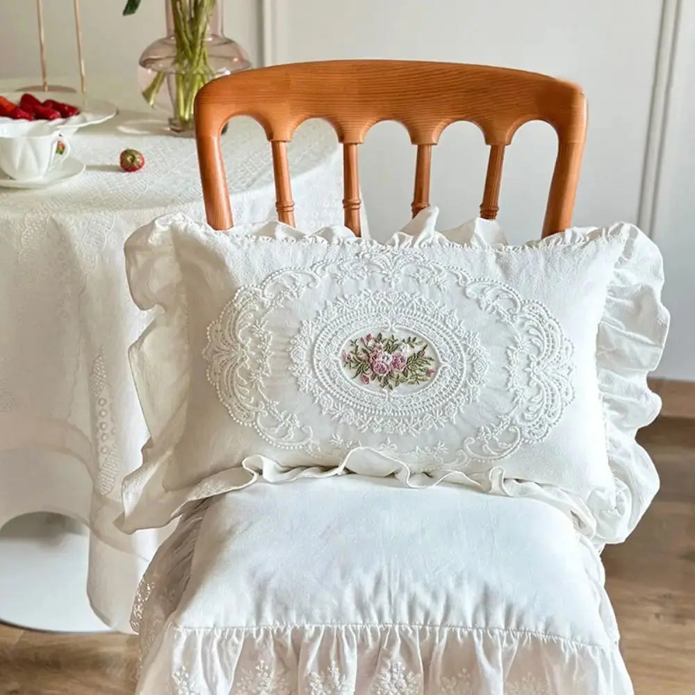 Floral French Lace Pillow Cover with Embroidered Detail and Insert | Embroidered French Lace Pillow | Decorative Pillows