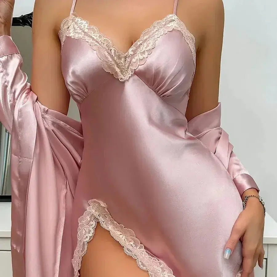 3-Piece Satin Robe and Lace Slip Dress Sleepwear Set with Belt | Layered Satin Lounge Set | Nightwear