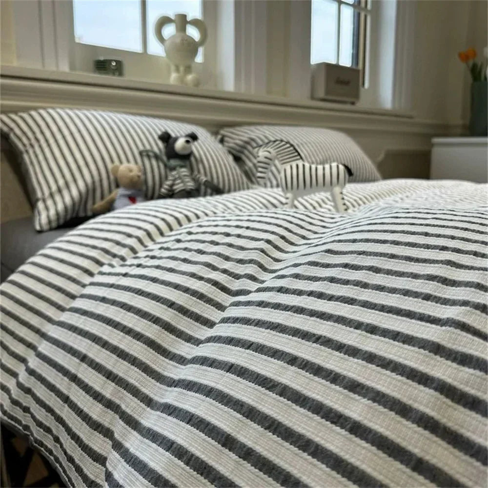 Minimalist Striped Cotton Duvet Cover and Pillowcase Bed Set | Subtle Stripes for a Serene Bedroom | Bedding Sets