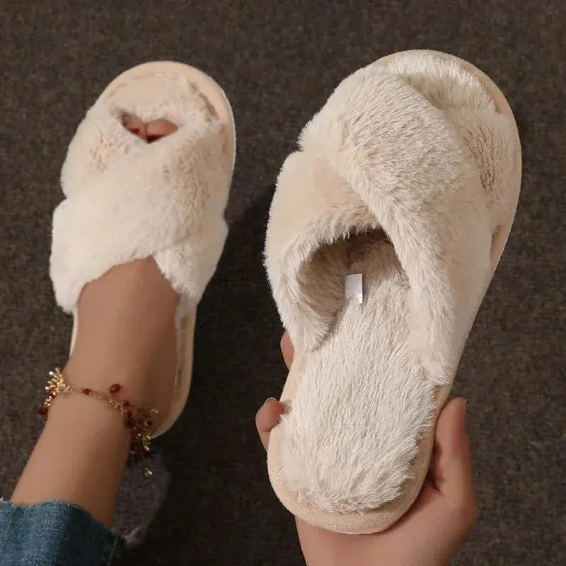 Cross-Band Plush Slippers for Women with Anti-Skid Sole | Cozy Slippers That Stay On | Slippers