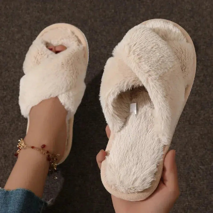 Cross-Band Plush Slippers for Women with Anti-Skid Sole | Cozy Slippers That Stay On | Slippers