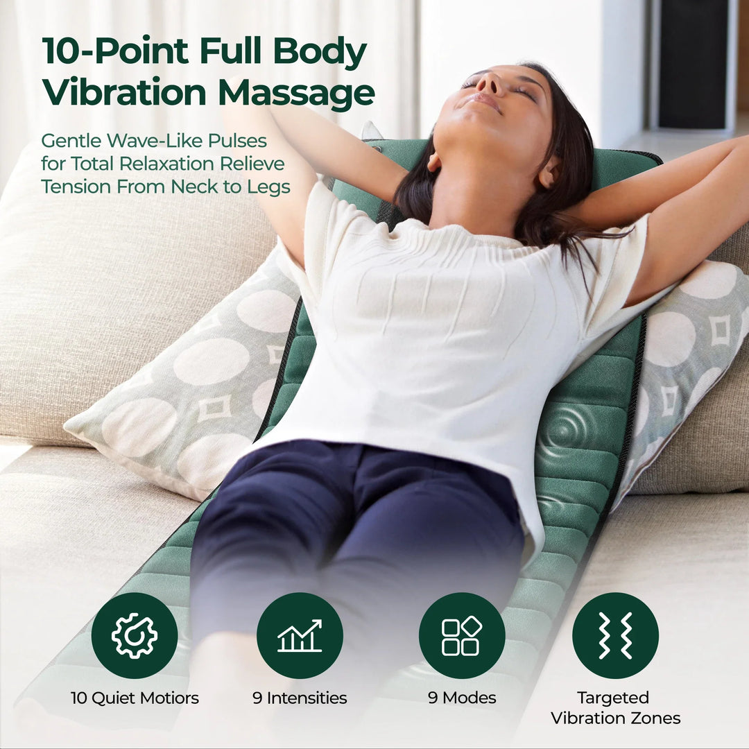 Vibration Massage Mat with Heat and Detachable Neck Pillow | Nine Modes of Gentle Vibration | Massage Mats
