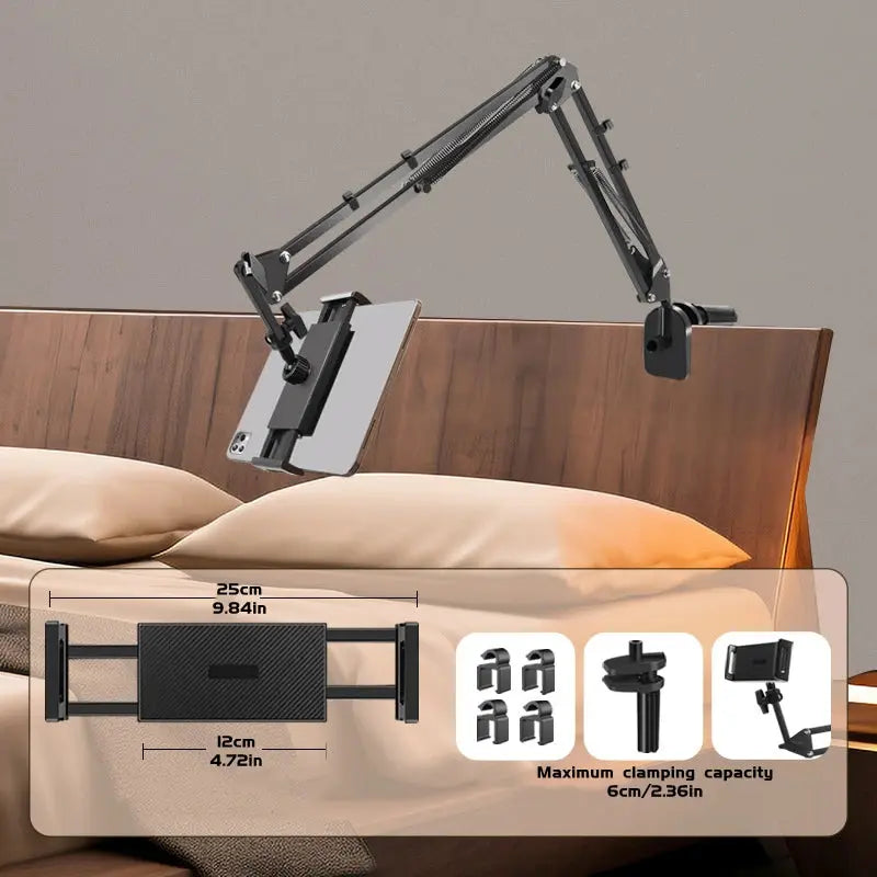 Rotatable Long Arm Tablet Holder with Metal Clamp for Bed and Desk | Hands Free Screen Positioning | Tablet Holders