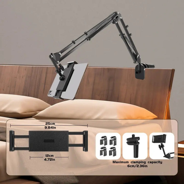 Rotatable Long Arm Tablet Holder with Metal Clamp for Bed and Desk | Hands Free Screen Positioning | Tablet Holders