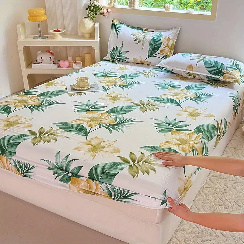 Floral Fitted Sheet Set with White Garden Print and 2 Pillowcases | Floral Garden Fitted Sheet Set | Sheet Sets