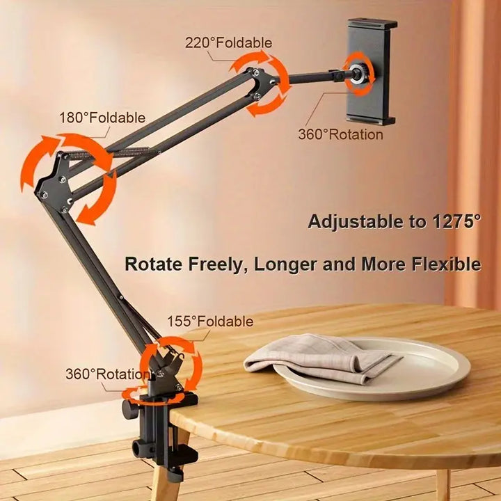 Rotatable Long Arm Tablet Holder with Metal Clamp for Bed and Desk | Hands Free Screen Positioning | Tablet Holders