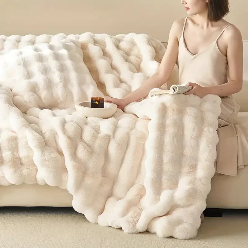 Reversible Rabbit Fur Imitation Throw with Cloud Bubble Pattern | Cloud Bubble Reversible Plush Throw | Throw Blankets