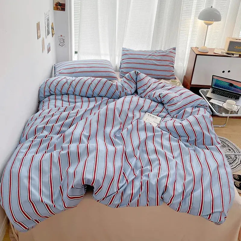 Red and Blue Striped Washed Cotton Bedding Set, 4 Pieces | Classic Stripes in Soft Cotton | Bedding Sets