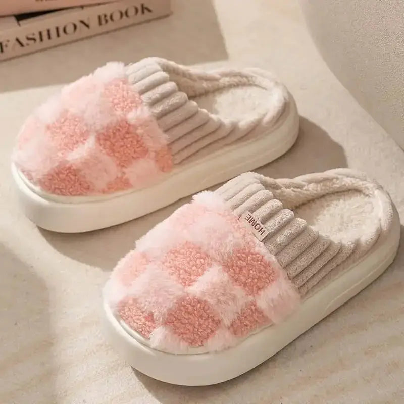 Checkered Fuzzy Open-Toe House Slippers with Memory Foam Sole | Fuzzy Comfort at Home | Slippers