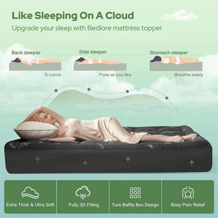 Queen Bamboo Mattress Topper with Thick Pillow Top for Breathable Comfort | Pillow Top Softness on a Firm Bed | Mattress Toppers