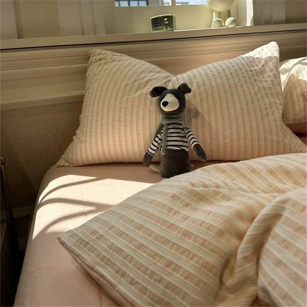 Minimalist Striped Cotton Duvet Cover and Pillowcase Bed Set | Subtle Stripes for a Serene Bedroom | Bedding Sets