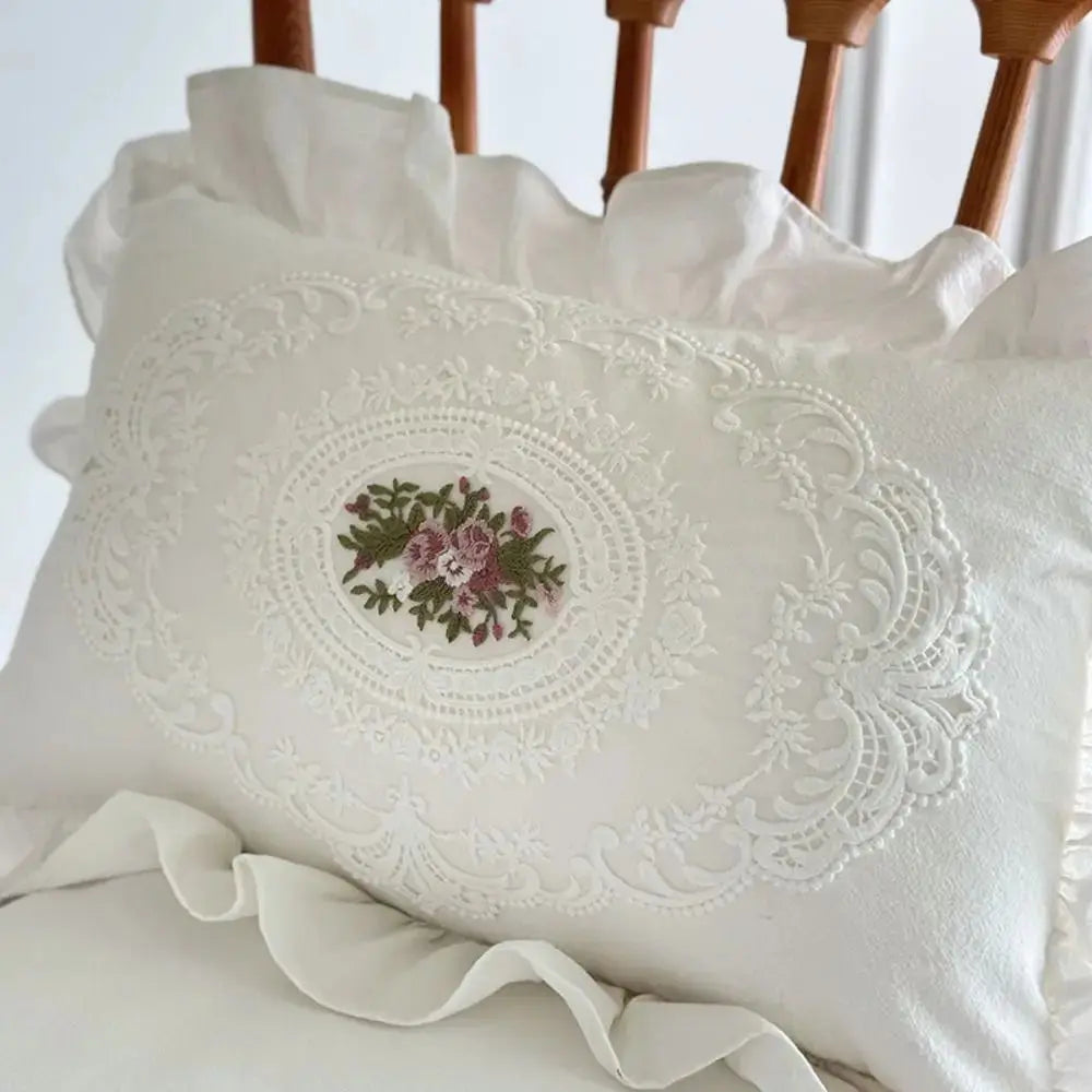 Floral French Lace Pillow Cover with Embroidered Detail and Insert | Embroidered French Lace Pillow | Decorative Pillows