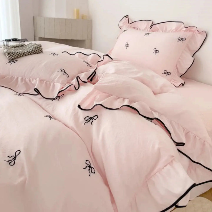 Bow Embroidery Ruffle Duvet Cover Set, 4 Pieces for Kids, Teens, Guests | Ruffled Bow Bedding for Girls Rooms | Duvet Cover Sets