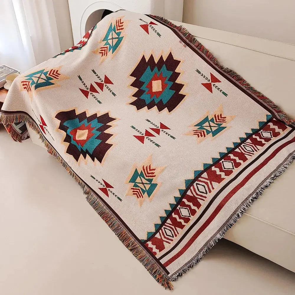Aztec Boho Woven Throw Blanket with Fringe Edges | Boho Charm for Bed and Sofa | Throw Blankets