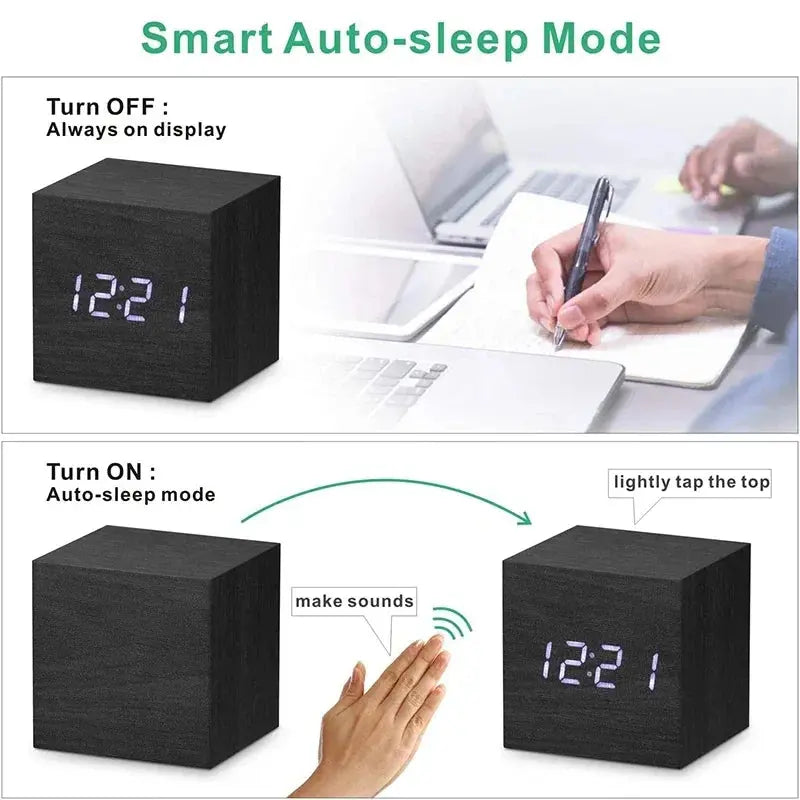 Wooden LED Digital Alarm Clock with Temperature Display and Sound Control | Clap to Light Wood Alarm Clock | Alarm Clocks