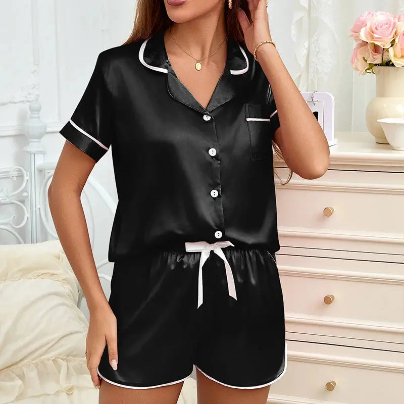 Heart Embroidered Short Sleeve Cotton Blend Pajama Set with Lounge Shorts | Cute Embroidered Shorts Set | Pajama Sets