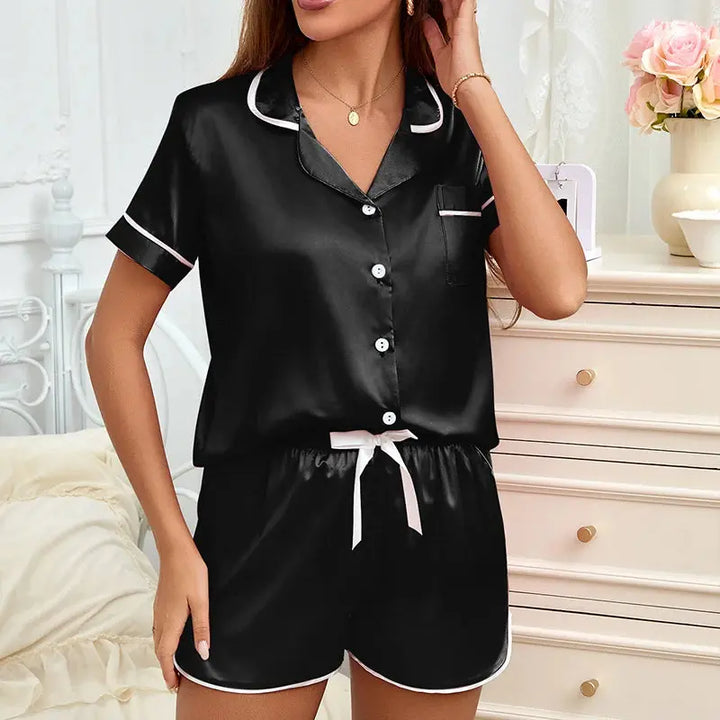 Heart Embroidered Short Sleeve Cotton Blend Pajama Set with Lounge Shorts | Cute Embroidered Shorts Set | Pajama Sets