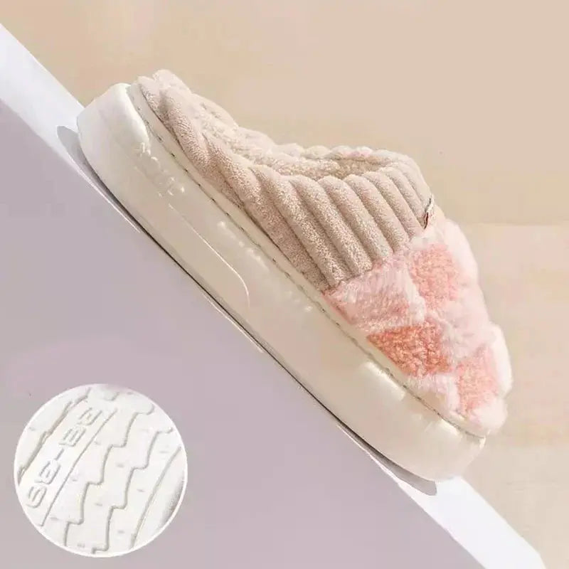 Checkered Plush Fuzzy House Slippers with Memory Foam Sole | Warm Cushioned Slippers for Home | Slippers
