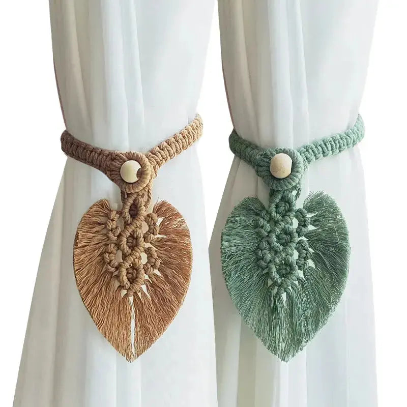 Handmade Macrame Curtain Tiebacks with Leaf Tassels, Set of 2 | Boho Curtain Holdbacks | Curtain Tiebacks