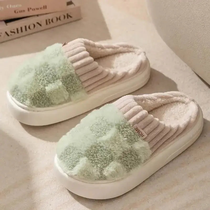 Checkered Fuzzy Open-Toe House Slippers with Memory Foam Sole | Fuzzy Comfort at Home | Slippers