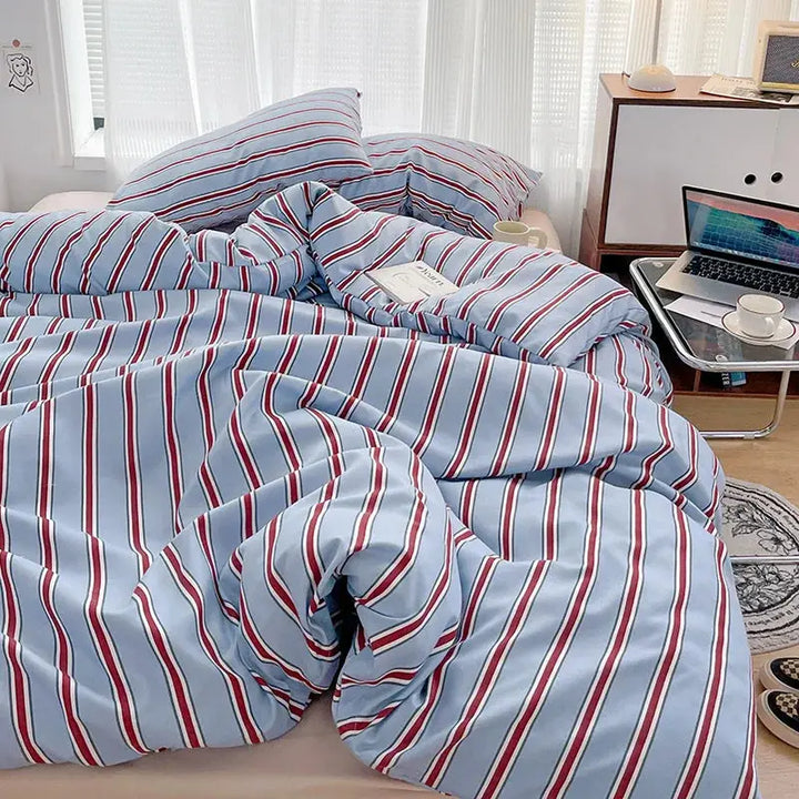 Red and Blue Striped Washed Cotton Bedding Set, 4 Pieces | Classic Stripes in Soft Cotton | Bedding Sets