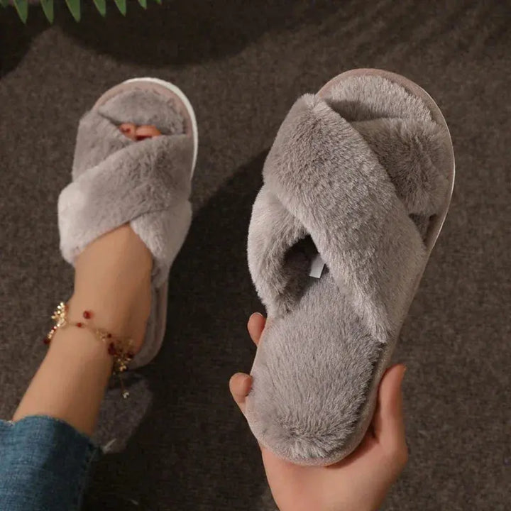 Cross-Band Plush Slippers for Women with Anti-Skid Sole | Cozy Slippers That Stay On | Slippers