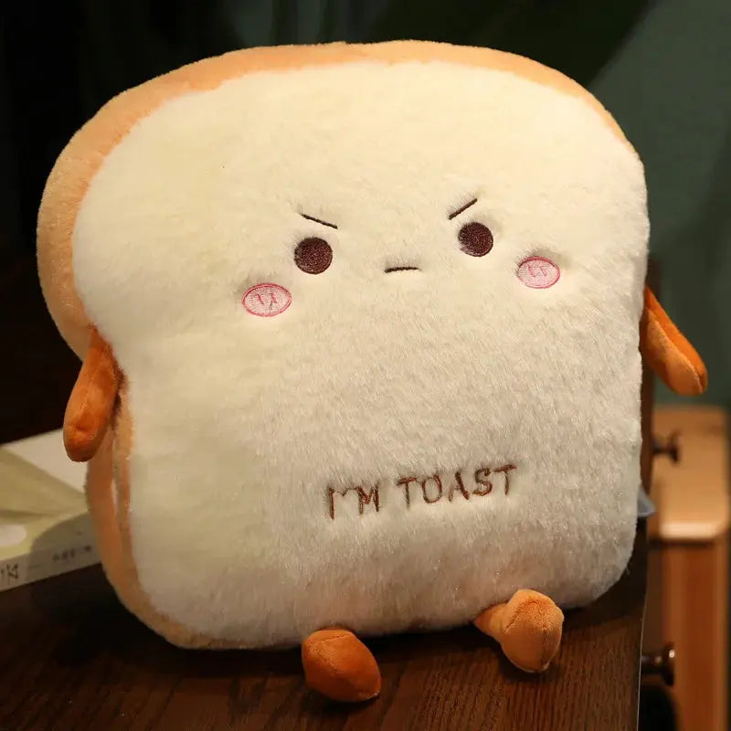 Plush Toast Bread Stuffed Pillow with Expressive Face, 40x34x15cm | Funny Toast Slice Cushion | Plush Pillows