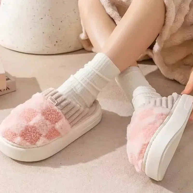 Checkered Plush Fuzzy House Slippers with Memory Foam Sole | Warm Cushioned Slippers for Home | Slippers