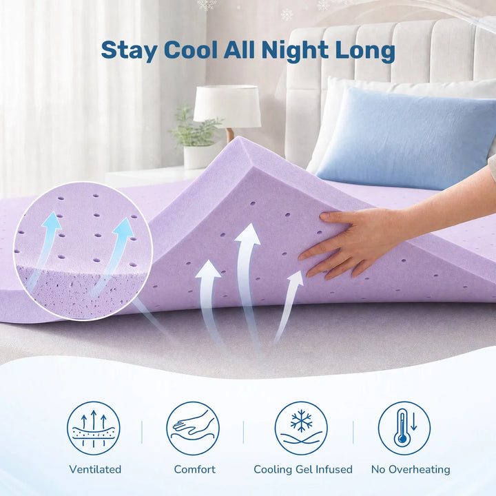 Ventilated Gel Memory Foam Mattress Topper in Multiple Sizes | Cool-Feeling Comfort Layer | Mattress Toppers