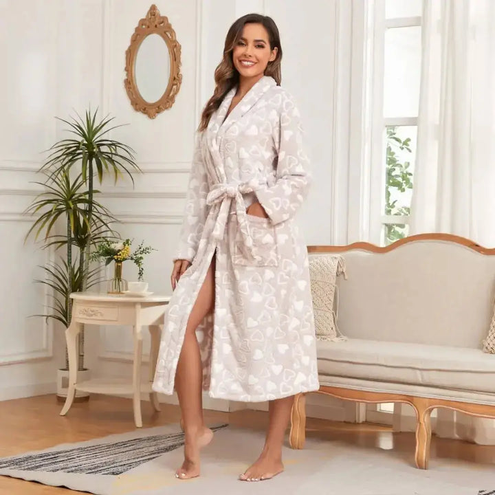 Love Print Plush Bathrobe in Soft Fluffy Fabric, Sizes S to XXL | Sweet Heart-Print Robe for Lounging | Bathrobes