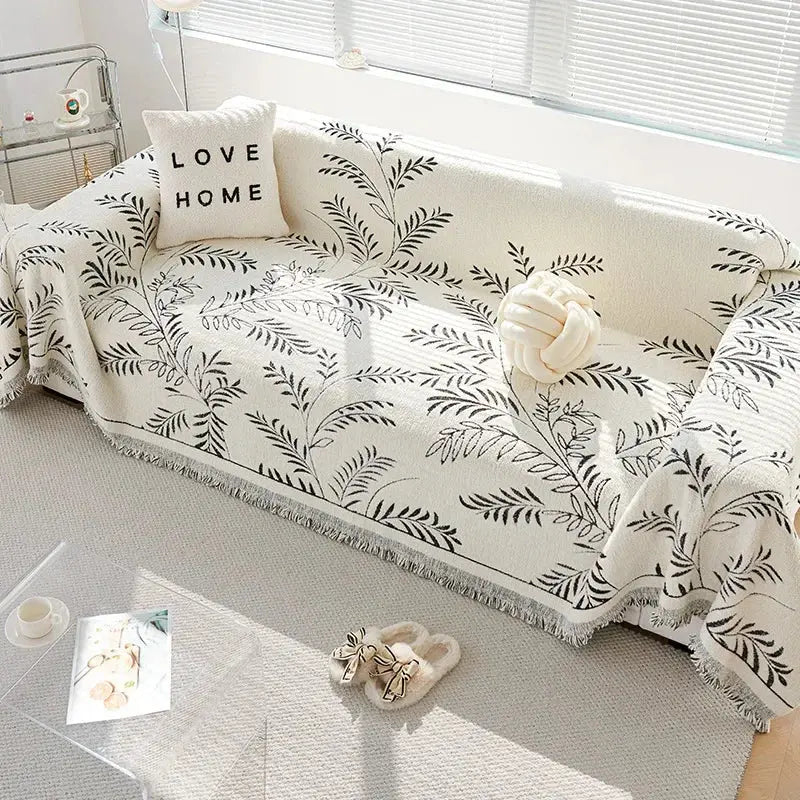 Four-Season Chenille Jacquard Leaf Couch Cover and Floor Throw | Leaf Jacquard Cover for Any Season | Throw Blankets