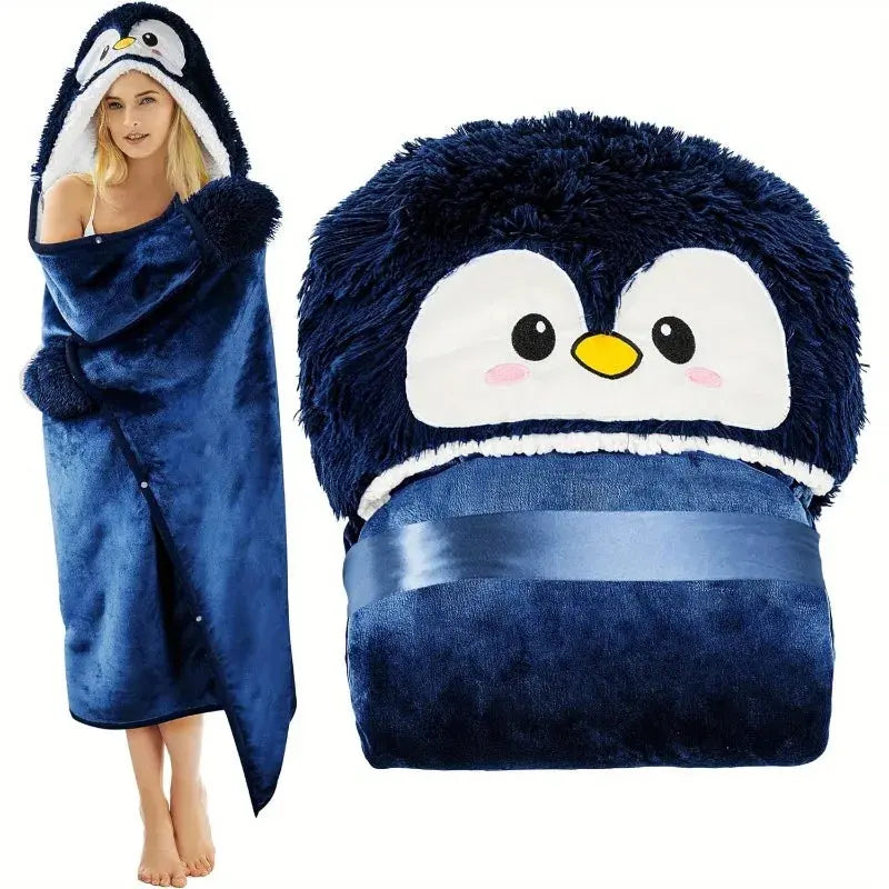 Cozy Penguin Wearable Blanket with Oversized Hood in Microfiber | Wearable Warmth with Fun Style | Wearable Blankets