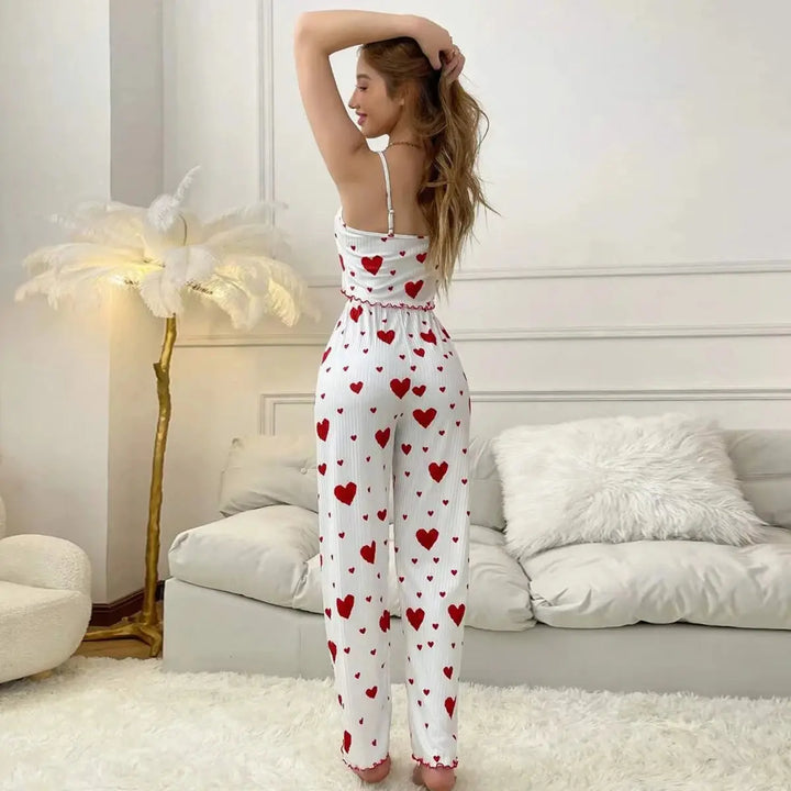 Love Print Two Piece Pajama Set with Sleeveless Vest and Soft Trousers | Airy Heart Print Loungewear | Pajama Sets