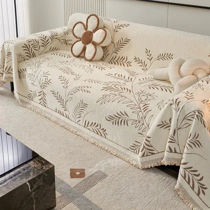Four-Season Chenille Jacquard Leaf Couch Cover and Floor Throw | Leaf Jacquard Cover for Any Season | Throw Blankets
