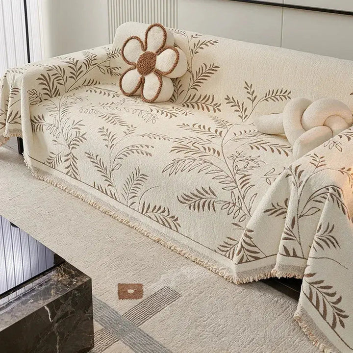 Four-Season Chenille Jacquard Leaf Couch Cover and Floor Throw | Leaf Jacquard Cover for Any Season | Throw Blankets