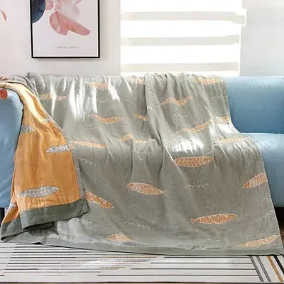 Fish Muslin Throw Blanket with Reversible Cotton Gauze Design | Reversible Cotton Gauze Fish Throw | Throw Blankets