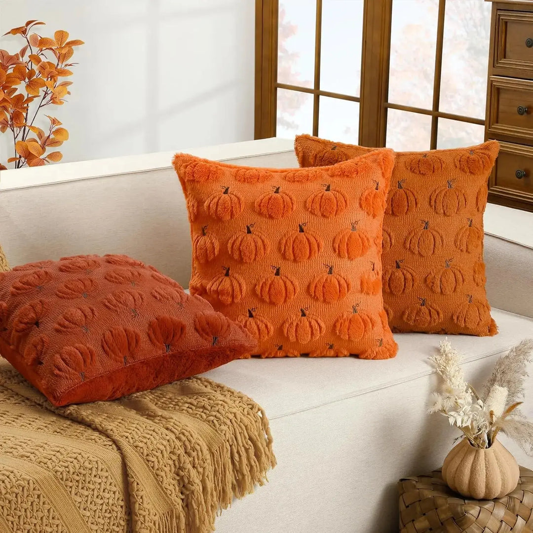 Embroidered Pumpkin Cushion Covers in Soft Faux Fur | Cozy Fall Decor Made Easy | Cushion Covers
