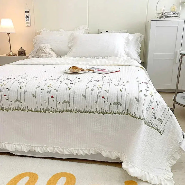 Delicate Ruffled Floral Quilt Set with Matching Shams | Soft Ruffled Florals for Warm Nights | Bedding Sets