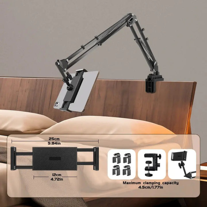 Rotatable Long Arm Tablet Holder with Metal Clamp for Bed and Desk | Hands Free Screen Positioning | Tablet Holders