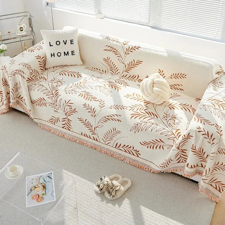 Four-Season Chenille Jacquard Leaf Couch Cover and Floor Throw | Leaf Jacquard Cover for Any Season | Throw Blankets