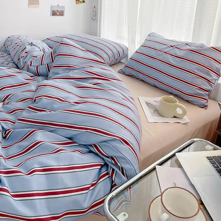 Red and Blue Striped Washed Cotton Bedding Set, 4 Pieces | Classic Stripes in Soft Cotton | Bedding Sets