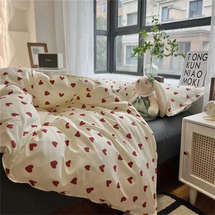 Korean Style Love Heart Bedding Set, 4 Pieces in Smooth Microfiber | Heart-Print Bedding with a Cheerful Look | Bedding Sets
