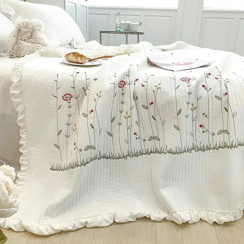 Ruffled Floral Quilt Set with Embroidered Lightweight Design and 2 Pillowcases | Ruffled Floral Embroidered Quilt Set | Quilts